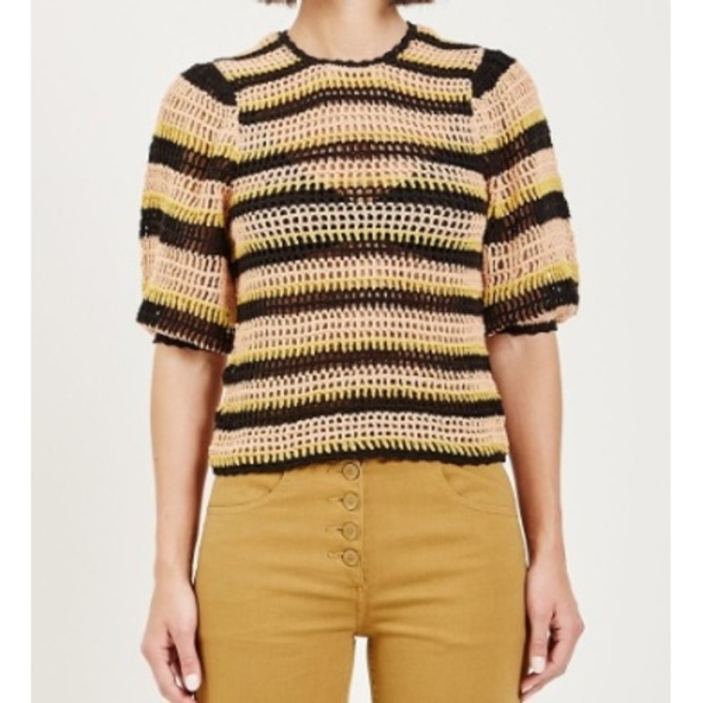 Ulla Johnson Amata Crochet Top Sunflower Striped Puff Sleeve Size S